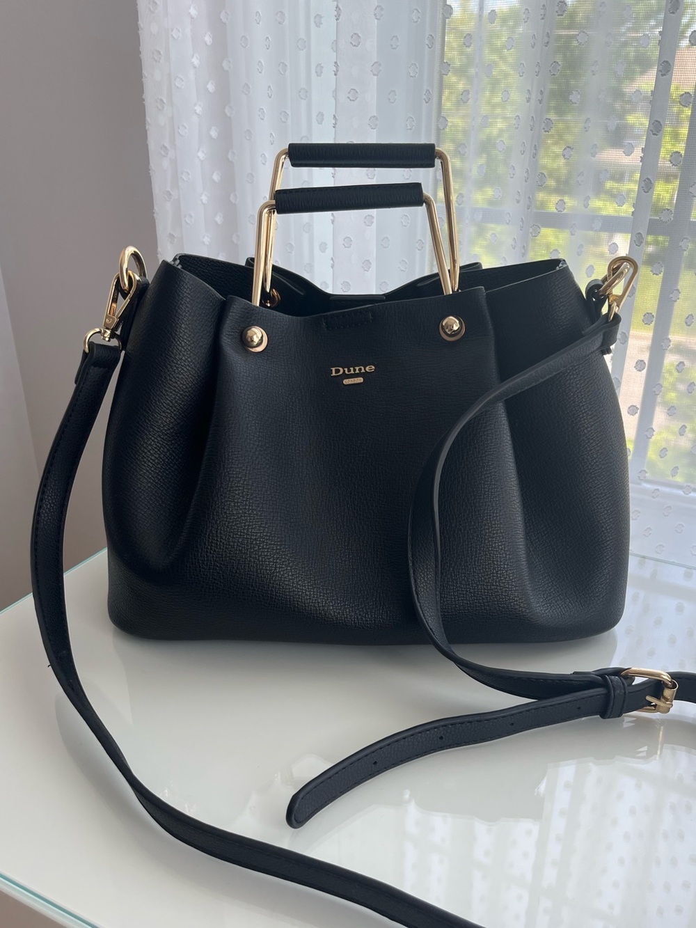 Dune London Black Pebbled Leather Crossbody with Gold Handles and Hardware